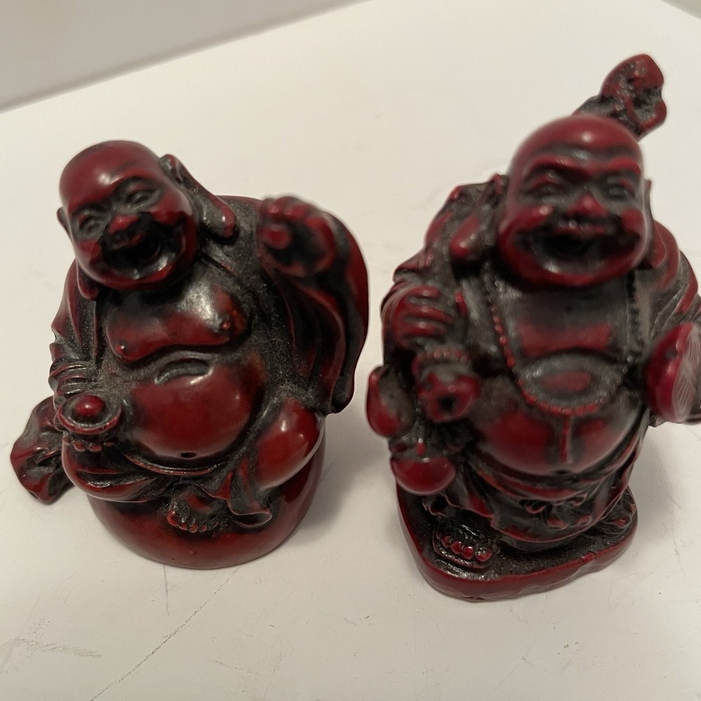 Vintage Style Mini Red Resin Laughing Buddha Figurines - Set of 2 (2")